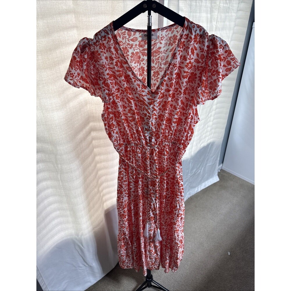Womens Kindred Orange White Floral Short Sleeve Wrap Dress Midi Flowy Size XL